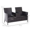Outsunny 2 Seater Rattan Sofa with Cushions, Wicker Garden Loveseat with Armrests, Outdoor Garden Sofa Couch with Metal Frame for Patio, Brown