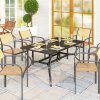 Outsunny Rectangle Garden Table with Parasol Hole, Outdoor Dining Table for 6, Patio Table with Steel Frame and Slat Tabletop for Balcony, 150cm x 90cm, Black