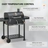 Outsunny Charcoal Barbecue Grill Trolley with Adjustable Charcoal Pan, Galvanised Steel Smoker BBQ Grill with Storage Shelves, Lid, Themometer, Bottle Opener and Wheels, Black