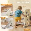 AIYAPLAY 3-in-1 Kids Slide, Foldable Dinosaur Shape Toddler Slide with Climber, Basketball Hoop and Ball, Indoor Playground Equipment for Ages 2-5, Cream White