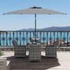 Outsunny 4 Seater Rattan Dining Set with Parasol, Luxury Rattan Garden Furniture Set with Seat and Back Cushions, Outdoor Table and Chairs, Round Glass Top Table
