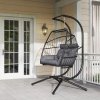 Outsunny Rattan Double Hanging Egg Chair with Stand, Foldable Wicker Swing Egg Chair with Cushion, Head Pillows, Steel Frame, Hammock Chair for Indoor Outdoor, Capacity 260 kg, Dark Grey