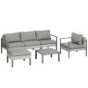 Outsunny 6 Pieces PE Rattan Garden Furniture Set with Sofa, Armchairs, Stool, Patio Sofa Set with Metal Coffee Table, Cushions, for Poolside, Light Grey