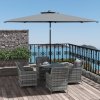 Outsunny 4 Seater Rattan Dining Set with Parasol, Luxury Rattan Garden Furniture Set with Seat and Back Cushions, Outdoor Table and Chairs, Round Glass Top Table