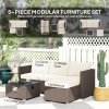 Outsunny 5 Piece Rattan Garden Furniture Set with Gas Fire Pit Table, 4 Seater Outdoor Sectional Sofa Set with Footstool and Removable Cushions, Modular Combination, Brown and Cream White