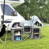 Outsunny Folding Camping Kitchen, Portable Aluminium Camping Table with 3 Fabric Cupboards, Windshield, Light Stand, Carrying Bag for BBQ, RV, Picnic, Grey