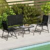 Outsunny Outdoor?4 Pieces Patio Furniture Set with Breathable Mesh Fabric?Seat & Backrest,?Garden Set with Two Foldable Armchairs, a Loveseat &?Glass?Top?Table, Black
