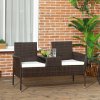 Outsunny 2 Seat Rattan Garden Bench, Patio Wicker Chair with Glass Tea Table, Outdoor Love Seat with Padded Cushions, for Garden, Porch, Brown/Cream White