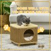 PawHut Wicker Cat House, Elevated Design Rattan Cat Bed Basket with Washable Soft Cushion, Door Hole, for Indoor Cats Kittens, Light Brown