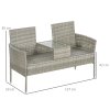 Outsunny 2 Seat Rattan Garden Bench, Patio Wicker Chair with Glass Tea Table, Outdoor Love Seat with Padded Cushions, for Garden, Porch, Mixed Grey/Cream White