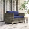 Outsunny Rattan Sofa, 2 Seater Garden Furniture with Soft Padded Cushion and Armrests, Wicker Garden Loveseat for Patio, Navy Blue