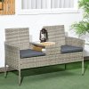 Outsunny 2 Seat Rattan Garden Bench, Patio Wicker Chair with Glass Tea Table, Outdoor Love Seat with Padded Cushions, for Garden, Porch, Mixed Grey/Grey