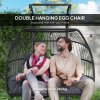 Outsunny Rattan Double Hanging Egg Chair with Stand, Foldable Wicker Swing Egg Chair with Cushion, Head Pillows, Steel Frame, Hammock Chair for Indoor Outdoor, Capacity 260 kg, Dark Grey