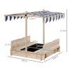 Outsunny Kids Wooden Sand Pit with Lids, Children Sandbox Height Adjustable Canopy for Garden, Convertible Bench Outdoor Garden Playset, Blue and White Canopy