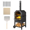 Outsunny 2-in-1 Outdoor Pizza Oven 3-Tier Freestanding Charcoal BBQ Grill with Rain Cover, Chimney, Thermometer, Bottom Shelf, Anti-scald Handles, Wheels for Garden Party Gathering
