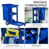 HOMCOM Cleaning Carts On Wheels, Janitorial Trolley with 3 Tier Shelves, Housekeeping Utility Service Unit with Rubbish Bag and Mop Mount for Hotel, Office, Blue