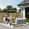 Outsunny 4 Piece L Shaped Garden Furniture Set, 4 Seater Garden Corner Sofa Set, 2 Loveseats with Removable Backs, 2 Wood-Plastic Coffee Tables and Thick Cushions for Outdoor, Grey