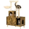 PawHut Cat Tree with Litter Box Enclosure, 2-in-1 Cat Tower for Indoor Cats with Cat House, Scratching Post, Hammock, Cushion, Rustic Brown