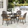 Outsunny 5 Pieces Cast Aluminium Garden Dining Set, 4 Seater Garden Table and Chairs with Parasol Hole, Outdoor Garden Furniture Set with Cushions for Patio, Bronze Tone