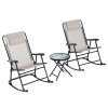Outsunny 3 Piece Outdoor Rocking Set with 2 Folding Chairs and 1 Tempered Glass Table, Patio Bistro Set for Garden, Deck, Beige