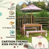AIYAPLAY Kids Picnic Table, Wooden Children Garden Table and Bench Set with Removable & Foldable Umbrella, Cushions, Storage Boxes, Flamingo Theme Outdoor Furniture for Boys Girls, Pink