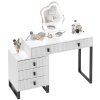 HOMCOM LED Lighted Dressing Table with Leaf Shape Mirror, Modern Vanity Desk with 5 Drawers, Makeup Desk with Fluted Panels, White