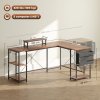 HOMCOM 168cm Reversible L Shaped Desk, Industrial Corner Computer Desk with Adjustable Shelf and Storage Bag, 240cm 2 Person Desk with Monitor Stand, Rustic Brown