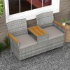 Outsunny 2 Seat Rattan Garden Bench, Patio Wicker Chair with Acacia Wood Top Middle Table, Outdoor PE Rattan Love Seat with Padded Cushions, Decorative Handrails, Grey