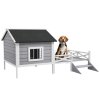 PawHut Outdoor Dog House with Porch, Wooden Dog Kennel with Water-resistant Asphalt Roof, Ladders, Fencing, Window, for Small and Medium Size, Grey