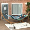 Outsunny Outdoor Hammock with Stand, Garden Hammock with Triple-Head Eucalyptus Wood Arc Frame, 1 Person Cotton Bed and Head Pillow, Freestanding Garden Swing Bed for Patio, Blue Stripe