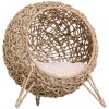 PawHut Wicker Cat House, Rattan Elevated Cat Bed with Three Tripod Legs, Ball-Shaped Cat Basket with Cushion - Natural Wood Finish
