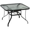 Outsunny 106.5cm Square Garden Table with Tempered Glass Top, Outdoor Patio Dining Table with Parasol Hole, Steel Frame for Garden, Lawn, Patio, Black