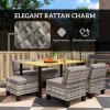 Outsunny 7-Piece Rattan Garden Dining Set, 6 Seater Wicker Garden Furniture Set with Seat and Back Cushions, Umbrella Hole, Patio Table and Chairs with Slatted Metal Top Table for Balcony, Grey