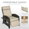 Outsunny Garden Recliner with Cushion, PE Wicker Outdoor Recliner Chair with Adjustable Backrest & Footrest, Rattan Recliner Chair with Armrests and Side Tray for Balcony, Porch, Khaki/Brown