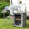 Outsunny Camping Kitchen with Storage Cupboard, Folding Camping Table, Aluminium Portable Picnic Table with Windshield, Light Stand, Carrying Bag for BBQ, Silver