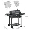 Outsunny Charcoal Barbecue Grill Trolley with Adjustable Charcoal Pan, Galvanised Steel Smoker BBQ Grill with Storage Shelves, Lid, Themometer, Bottle Opener and Wheels, Black