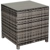 Outsunny Patio PE Rattan Side Table, Square Outdoor Coffee Table w/ Tempered Glass Top, Mixed Grey