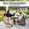 Outsunny 4 Seater Garden Dining Set with Cushions, Double Layer Table with Wood-like Slat Top, PE Rattan Garden Furniture Set, Outdoor Dining Table and Chairs for Patio, Balcony, Grey