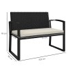 Outsunny 2 Seater Rattan Garden Bench, Outdoor Bench with Cushion, PE Wicker Garden Loveseat with Armrests, Galvanised Steel Frame for Patio, Park, Black