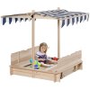 Outsunny Kids Wooden Sand Pit with Lids, Children Sandbox Height Adjustable Canopy for Garden, Convertible Bench Outdoor Garden Playset, Blue and White Canopy