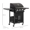 Outsunny 3 Burner Gas BBQ, Outdoor Grill, Portable Barbecue Trolley with Warming Rack, Side Shelves, Storage Cabinet, Thermometer, Carbon Steel, Black