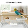 Pawhut Bird Cage, Metal Parrot Cage with Rolling Stand Wheels, Acrylic Viewing Panels, Storage Shelf, Slide-out Tray, Perches, Feeders, for Budgie, Parakeet, Canary, Finch, White, 48 x 46 x 83 cm