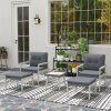 Outsunny 5 Pieces Rattan Garden Furniture Set, Patio Conversation Set with Cushions, Acacia Wood Top Coffee Table and Footstools, Outdoor Table and Chairs for Balcony, Terrace and Conservatory, Grey