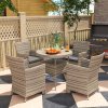 Outsunny 4 Seater Garden Dining Set with Cushions, Double Layer Table with Wood-like Slat Top, PE Rattan Garden Furniture Set, Outdoor Dining Table and Chairs for Patio, Balcony, Grey