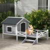 PawHut Outdoor Dog House with Porch, Wooden Dog Kennel with Water-resistant Asphalt Roof, Ladders, Fencing, Window, for Small and Medium Size, Grey