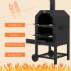 Outsunny 2-in-1 Outdoor Pizza Oven 3-Tier Freestanding Charcoal BBQ Grill with Rain Cover, Chimney, Thermometer, Bottom Shelf, Anti-scald Handles, Wheels for Garden Party Gathering