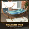 Outsunny Outdoor Hammock with Stand, Garden Hammock with Triple-Head Eucalyptus Wood Arc Frame, 1 Person Cotton Bed and Head Pillow, Freestanding Garden Swing Bed for Patio, Blue Stripe