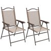 Outsunny Folding Chairs Set of 2, Garden Chair with Armrest, Breathable Mesh Fabric Seat, Camping Sports Chairs for Adults, Mixed Brown