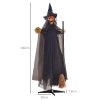 HOMCOM 190cm Witch with Broomstick Outdoor Halloween Decoration, Halloween Animatronic with Sound Activated, Light Up Eyes, Sound Effects, Animated Prop for Haunted House