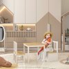 HOMCOM 4-Piece Kids Table and Chair Set with 2 Wooden Chairs, 1 Storage Bench, and Interesting Modern Design, Beige/White